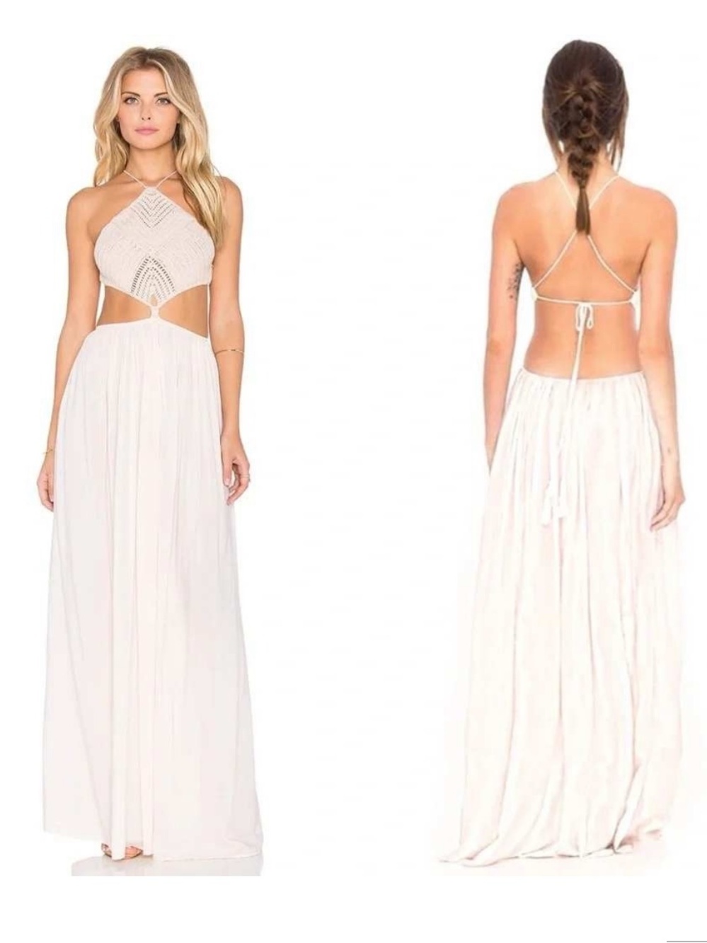 Indah Revel Crochet Goddess Halter Maxi Dress